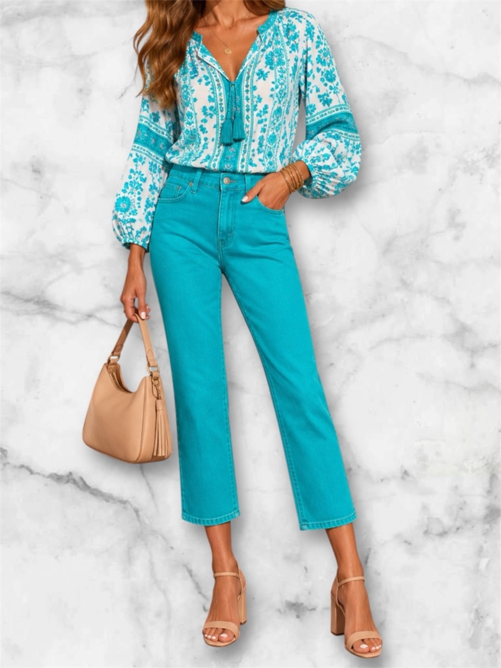 Lauren Ralph Lauren Turquoise Modern Straight Cropped Denim Stretch Jeans Sz 14